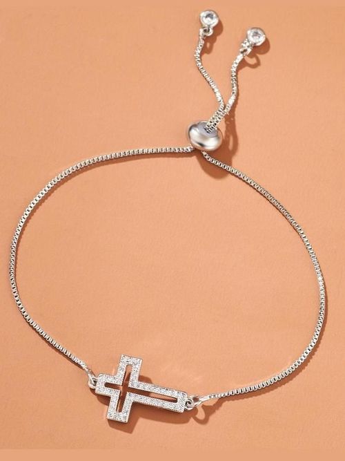Dainty Cross Bracelet: Zircon Detail, Openwork Design