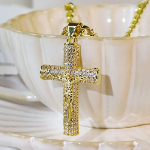 Hot-selling Large-sized Diamond-encrusted Cross Pendant with 18K Gold-plated Cuban Chain Necklace - Hip-hop Style Fashion Jewelry