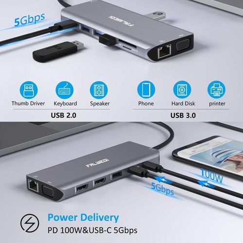 11-in-1 USB-C Hub with Ethernet, 4K HDMI, VGA, PD, SD,TF Cards Reader, Mic-Audio Docking Station