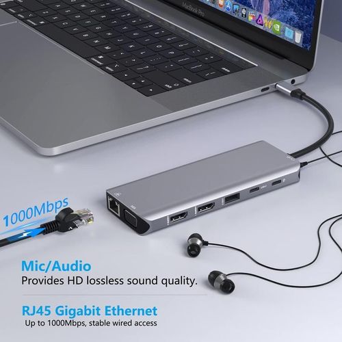 11-in-1 USB-C Hub with Ethernet, 4K HDMI, VGA, PD, SD,TF Cards Reader, Mic-Audio Docking Station