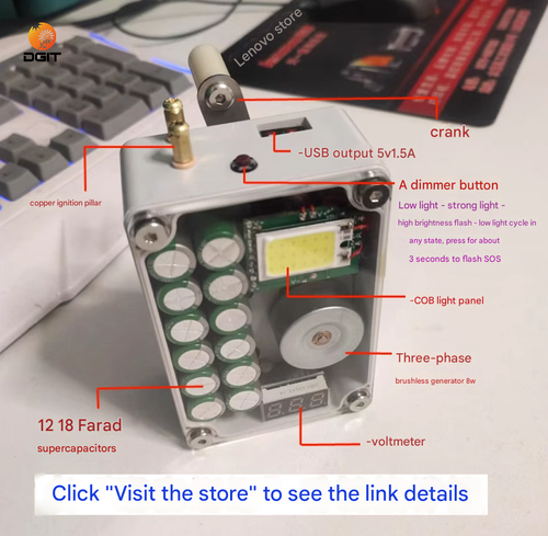 6V manual crank generator with 8 capacitors for USB charging