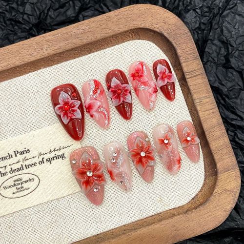 Handmade Floral Almond Nail Art (zjs002)