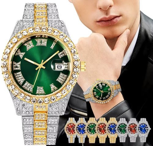 Luxury Hip Hop All Diamond Roman Chilled Quartz Stainless Steel Watch for Men and Women, Sparkling Calendar Style Fashion Business Watch, Roman Scale Calendar, Waterproof