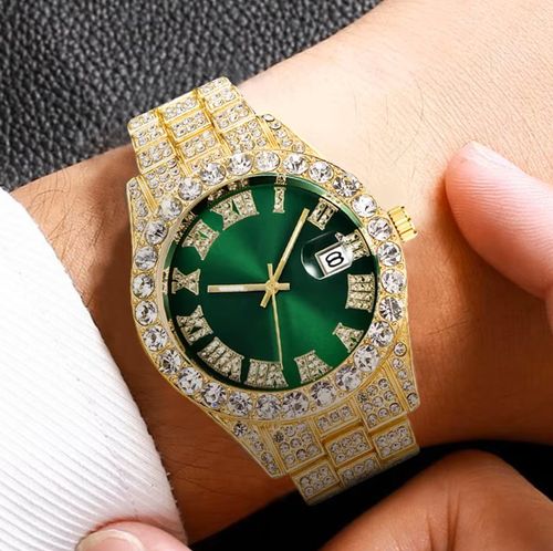 Luxury Hip Hop All Diamond Roman Chilled Quartz Stainless Steel Watch for Men and Women, Sparkling Calendar Style Fashion Business Watch, Roman Scale Calendar, Waterproof