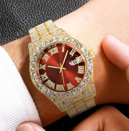 Luxury Hip Hop All Diamond Roman Chilled Quartz Stainless Steel Watch for Men and Women, Sparkling Calendar Style Fashion Business Watch, Roman Scale Calendar, Waterproof