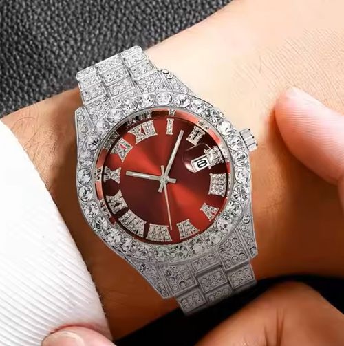 Luxury Hip Hop All Diamond Roman Chilled Quartz Stainless Steel Watch for Men and Women, Sparkling Calendar Style Fashion Business Watch, Roman Scale Calendar, Waterproof
