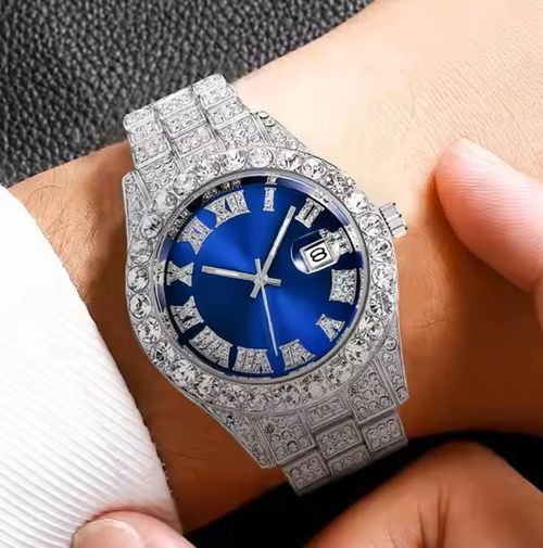 Luxury Hip Hop All Diamond Roman Chilled Quartz Stainless Steel Watch for Men and Women, Sparkling Calendar Style Fashion Business Watch, Roman Scale Calendar, Waterproof