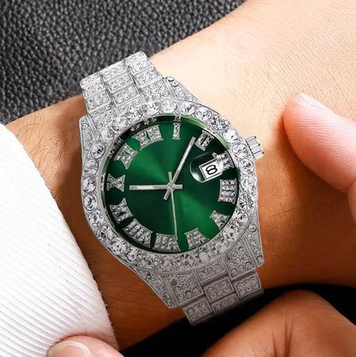 Luxury Hip Hop All Diamond Roman Chilled Quartz Stainless Steel Watch for Men and Women, Sparkling Calendar Style Fashion Business Watch, Roman Scale Calendar, Waterproof