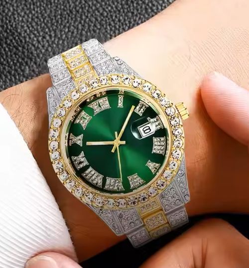 Luxury Hip Hop All Diamond Roman Chilled Quartz Stainless Steel Watch for Men and Women, Sparkling Calendar Style Fashion Business Watch, Roman Scale Calendar, Waterproof