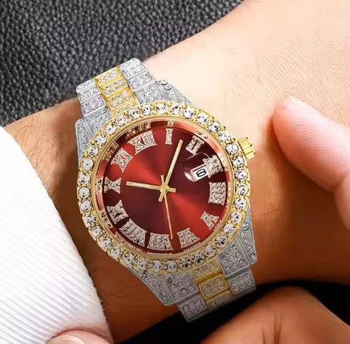 Luxury Hip Hop All Diamond Roman Chilled Quartz Stainless Steel Watch for Men and Women, Sparkling Calendar Style Fashion Business Watch, Roman Scale Calendar, Waterproof