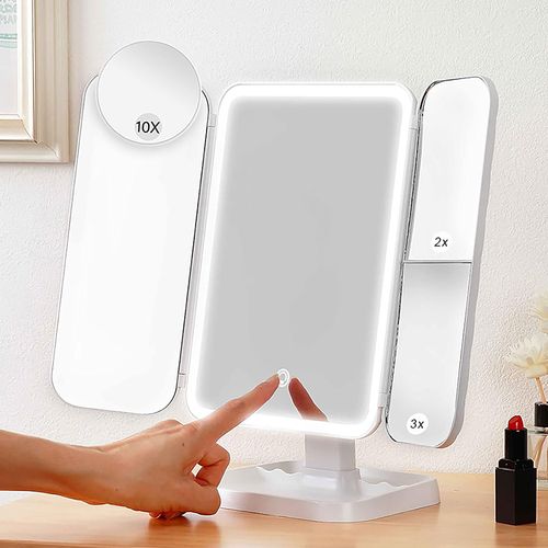 Tri Color Dimmable LED Touch Control Portable Makeup Mirror — USB Rechargeable, Foldable Desktop Vanity Mirror, Built-in 2000mAh Lithium Battery, Polished ABS with Glass Finish — Ideal for Home and Travel