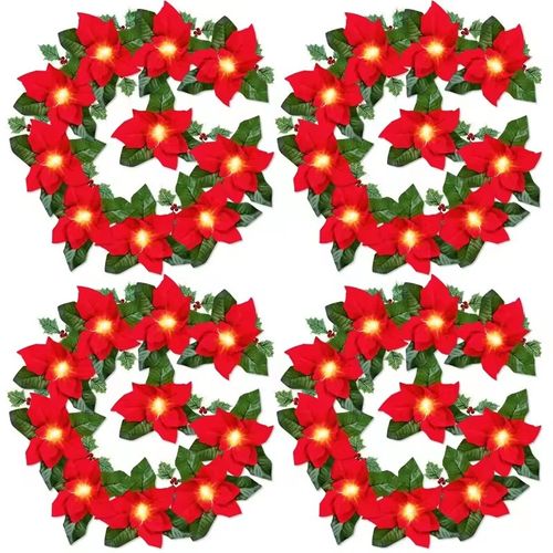 LED Christmas Red Flower & Red Berry String Lights, Artificial Garland Fairy Lights, Holiday Decor Lamp for Christmas Wreath, Home, Door, Tree Decoration