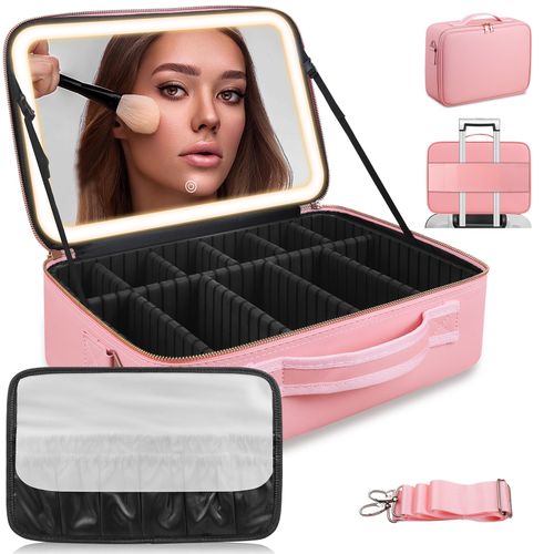 Newest 2026 Model Portable Large-Capacity Travel Makeup Organizer with LED Mirror – Waterproof Cosmetic Case with Large Lighted Mirror – Professional-Grade Storage Bag for Cosmetics and Brushes