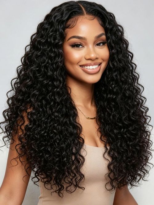 KLAIYI Bye Bye Slip™ Water Wave 7X5 Precut Lace Front Human Hair Wig Drawstring Glueless 3S Ready to Wear and Go Wig with Baby Hair Pre Plucked Bleached Bye Bye Knots Curly Wig 180%Density Full 24Inch