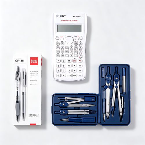 Student Supplies Kit (7-piece technical drawing kit, multi-function calculator, and 12 water-based pens)