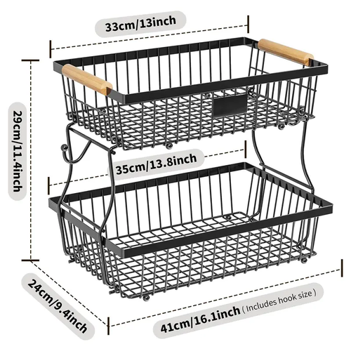 2-Tier Kitchen Wire Storage Basket with Hooks Detachable Fruit Vegetable Organizer Rack for Countertop Kenya