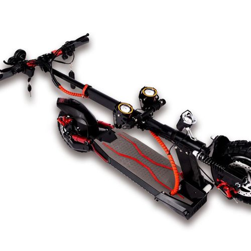 Foldable electric scooter for adults featuring dual suspension, a seat, and a carrying handle.