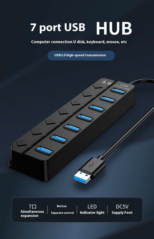 7-Port USB 3.0 Hub with Individual Switches - High Speed Data Transfer Splitter for Laptop & PC - Black