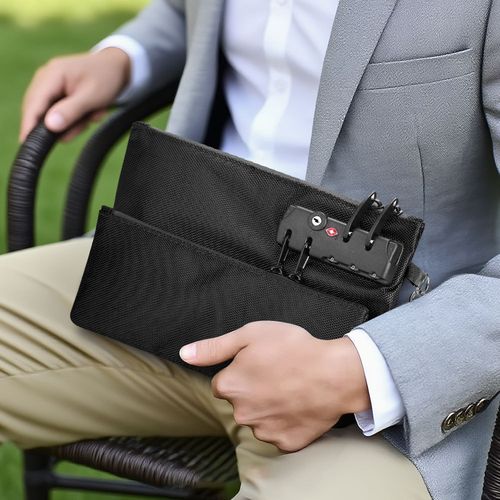 Unisex Extra Long Double Layer Document Organizer Featuring a spliced ​​design of Oxford cloth and crocodile patterned leather  equipped with a zippered closure and an anti theft lock clasp ideal for storing valuables  cash and passports.