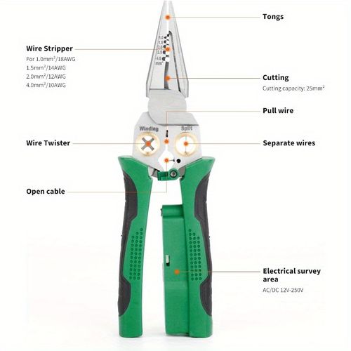 Heavy Duty 8 in 1 Multifunctional Wire Stripper  Manganese Steel Construction  Combines Stripping Cutting, and Twisting Functions  Built in Voltage Tester with Live Neutral Wire Identification   An Essential Tool for Electrical Repair