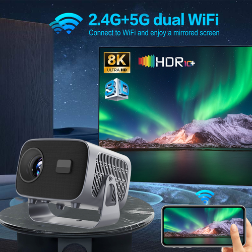 New A10 Video Projector  Features 1080P resolution 300 ANSI lumens Android 11 OS WiFi connectivity and electronic focus  equipped with 2GB RAM 16GB storage and an LCD display supporting Full HD 4K  suitable for home theater and outdoor use.