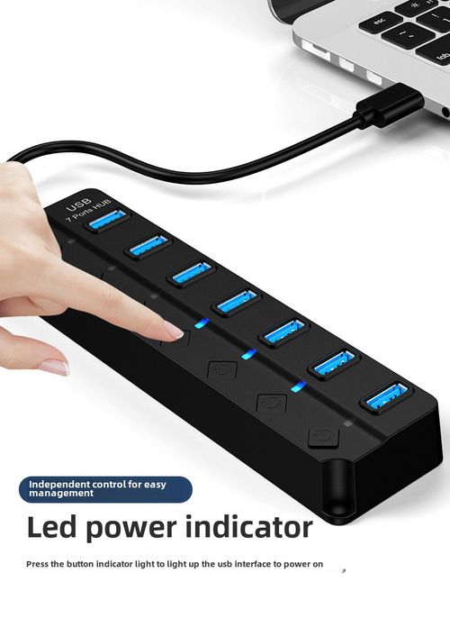 7-Port USB 3.0 Hub with Individual Switches - High Speed Data Transfer Splitter for Laptop & PC - Black