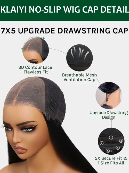 KLAIYI Bye Bye Slip™ Water Wave 7X5 Precut Lace Front Human Hair Wig Drawstring Glueless 3S Ready to Wear and Go Wig with Baby Hair Pre Plucked Bleached Bye Bye Knots Curly Wig 180%Density Full 24Inch