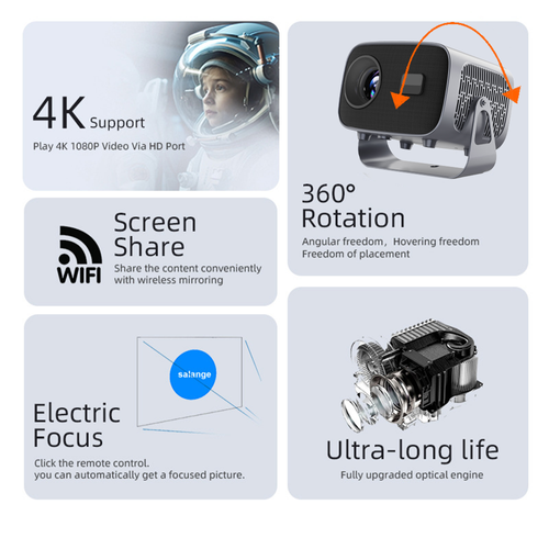 New A10 Video Projector  Features 1080P resolution 300 ANSI lumens Android 11 OS WiFi connectivity and electronic focus  equipped with 2GB RAM 16GB storage and an LCD display supporting Full HD 4K  suitable for home theater and outdoor use.