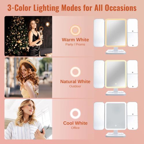 Tri Color Dimmable LED Touch Control Portable Makeup Mirror — USB Rechargeable, Foldable Desktop Vanity Mirror, Built-in 2000mAh Lithium Battery, Polished ABS with Glass Finish — Ideal for Home and Travel