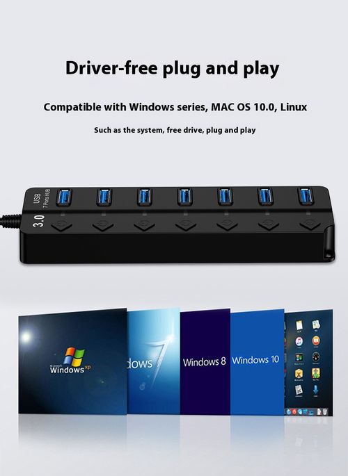 7-Port USB 3.0 Hub with Individual Switches - High Speed Data Transfer Splitter for Laptop & PC - Black