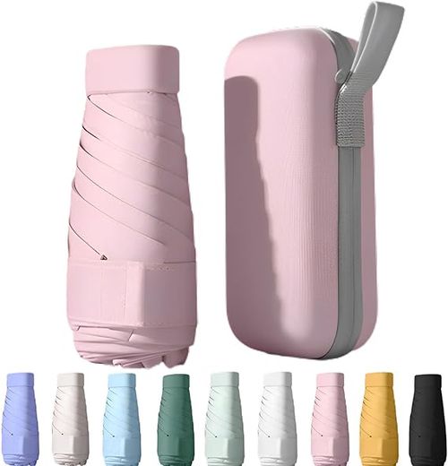 6‑Rib Mini 6‑Fold Flat Capsule Umbrella, Black Coating UV‑Protection Pocket Sun & Rain Umbrella for Women, Portable Compact Parasol with Storage Carry Case