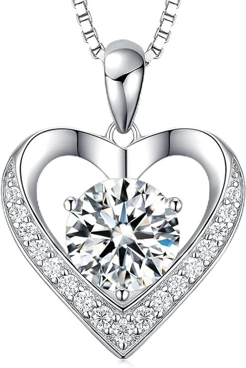 Moissanite Necklace for Women, Heart Pendant Engraved 'I Love You' Gifts for Wife, Valentine's Day Gift Anniversary Eternity Birthday Present Sterling Silver Jewelry for Her