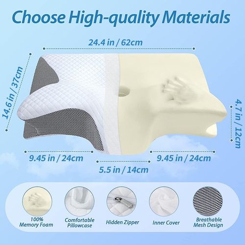 Ergonomic memory foam cervical pillow designed to support the neck and relieve pain  features a washable cover and is suitable for both side and back sleepers.