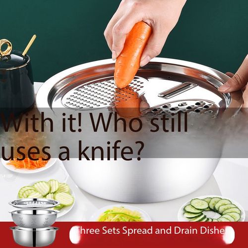 3-in-1 Stainless Steel Kitchen Bowl Set – Solid Bowl + Strainer + Grater Lid | Multi-Function Vegetable Slicer &   Washer | Durable & Easy to Clean