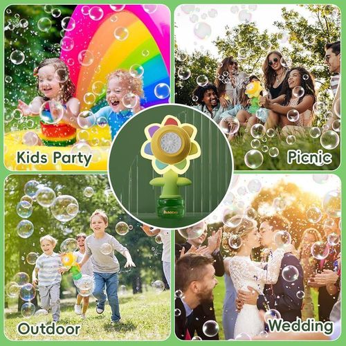 Seven Colors Sunflower Design Bubble Machine Colorful Light Automatic Bubble Maker for Kids Outdoor Toys with Night Light Function and Large Bubble Output Round Multifunctional Blower