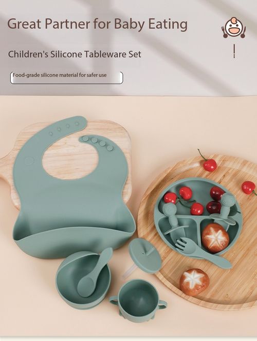 Food Grade Silicone Baby Feeding Set Anti-Suction Plate Bib Cup Spoon Fork Kit