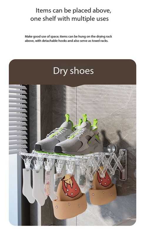 Foldable Suction Cup Wall Drying Rack with 20 Clips