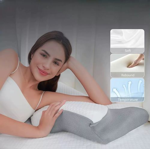 Ergonomic memory foam cervical pillow designed to support the neck and relieve pain  features a washable cover and is suitable for both side and back sleepers.
