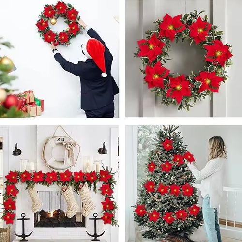 LED Christmas Red Flower & Red Berry String Lights, Artificial Garland Fairy Lights, Holiday Decor Lamp for Christmas Wreath, Home, Door, Tree Decoration