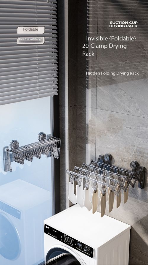 Foldable Suction Cup Wall Drying Rack with 20 Clips