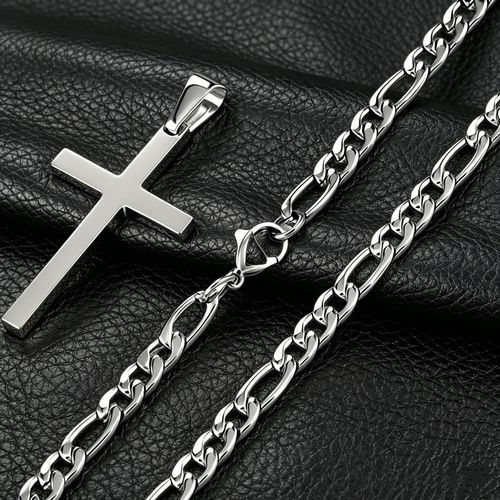 Silver Figaro Chain Cross Pendant Necklace