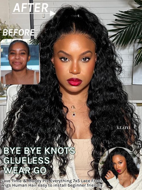 KLAIYI Bye Bye Slip™ Water Wave 7X5 Precut Lace Front Human Hair Wig Drawstring Glueless 3S Ready to Wear and Go Wig with Baby Hair Pre Plucked Bleached Bye Bye Knots Curly Wig 180%Density Full 24Inch