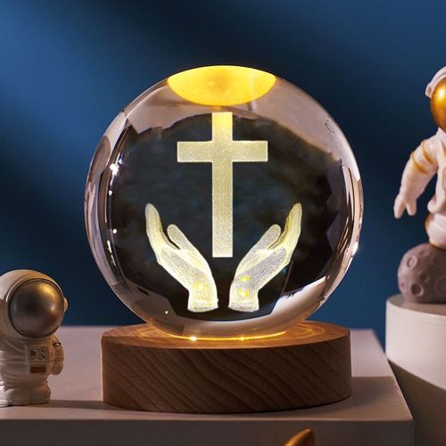 Christian 3D Crystal Ball Night Light Laser Engraved Cross Praying Hands Wooden Lamp Faith Decor Gift for Kenya