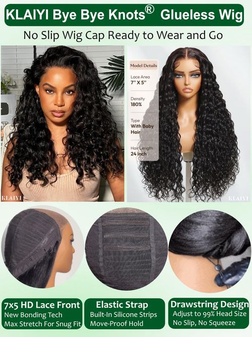 KLAIYI Bye Bye Slip™ Water Wave 7X5 Precut Lace Front Human Hair Wig Drawstring Glueless 3S Ready to Wear and Go Wig with Baby Hair Pre Plucked Bleached Bye Bye Knots Curly Wig 180%Density Full 24Inch