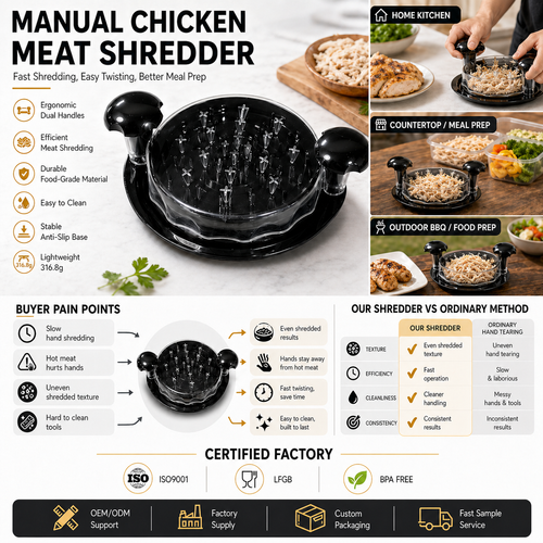 Chicken Shredder Machine with Suction Base & Transparent Lid, Manual Meat Shredder, Multifunctional Beef Pork Pulled Meat Shredding Tool for Kitchen