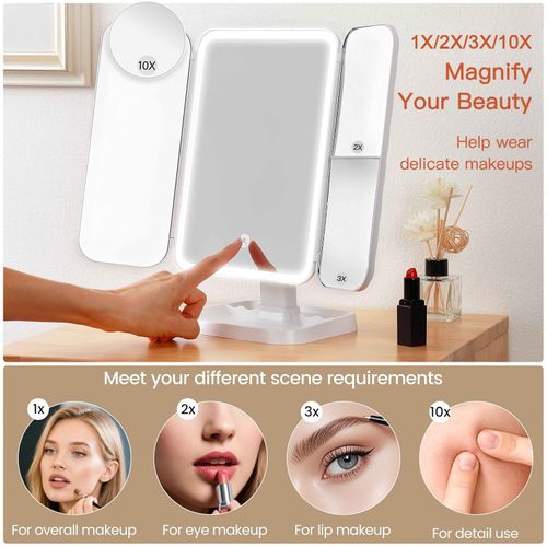 Tri Color Dimmable LED Touch Control Portable Makeup Mirror — USB Rechargeable, Foldable Desktop Vanity Mirror, Built-in 2000mAh Lithium Battery, Polished ABS with Glass Finish — Ideal for Home and Travel