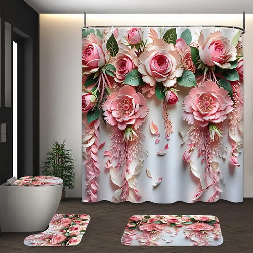 4-Piece 3D Pink Floral Bathroom Set Shower Curtain Toilet Seat Cover & Absorbent Mats Kenya
