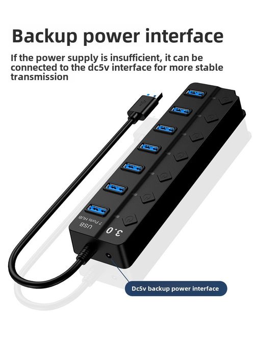 7-Port USB 3.0 Hub with Individual Switches - High Speed Data Transfer Splitter for Laptop & PC - Black
