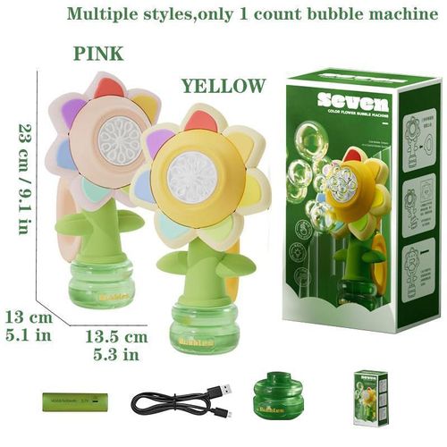 Seven Colors Sunflower Design Bubble Machine Colorful Light Automatic Bubble Maker for Kids Outdoor Toys with Night Light Function and Large Bubble Output Round Multifunctional Blower