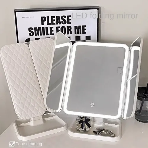Tri Color Dimmable LED Touch Control Portable Makeup Mirror — USB Rechargeable, Foldable Desktop Vanity Mirror, Built-in 2000mAh Lithium Battery, Polished ABS with Glass Finish — Ideal for Home and Travel